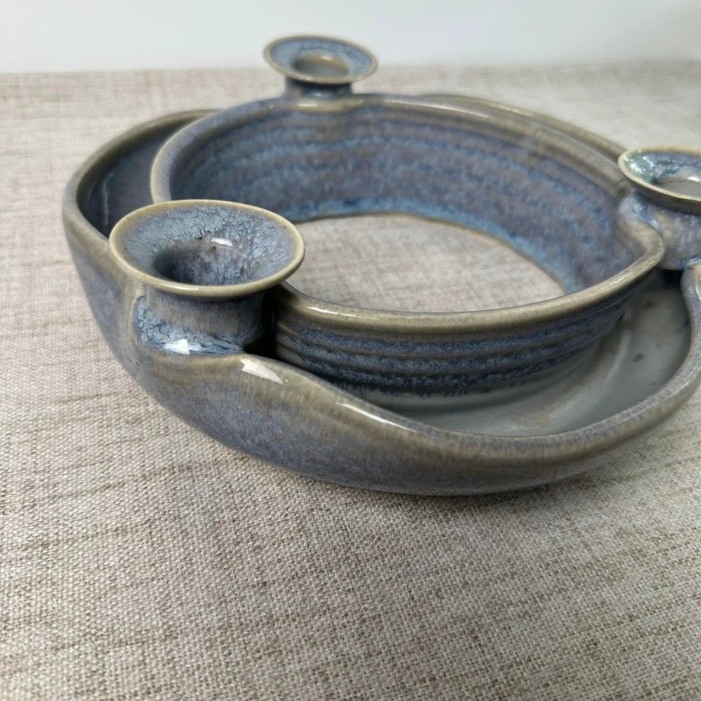 Signed Studio Pottery Triple Candle Holder Blue Gray Glazed Stoneware Pottery